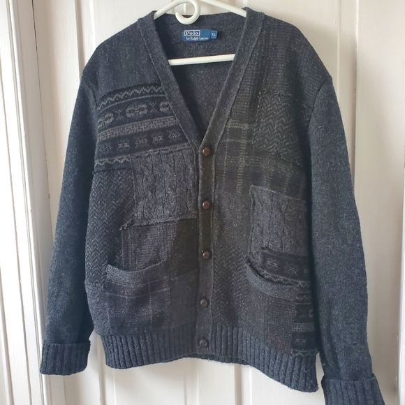 Ralph Lauren Polo Wool Sweater - patterned grey with elbow patches. Size XL - Picture 2 of 4